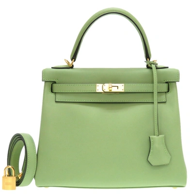 Hermes Hermès Kelly 25 Green Leather Handbag () In Metallic