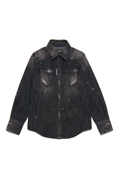 Shop Dsquared2 Black Shaded Denim Shirt With Tears And Stains