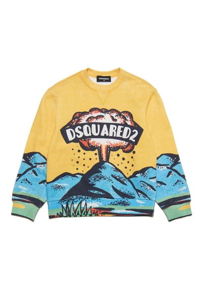 Shop Dsquared2 Cotton Crew-neck Sweatshirt With Volcano Graphics In Yellow