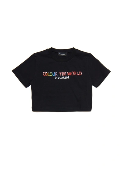 Shop Dsquared2 Cropped Crew-neck Jersey T-shirt With Colour The World Lettering In Black