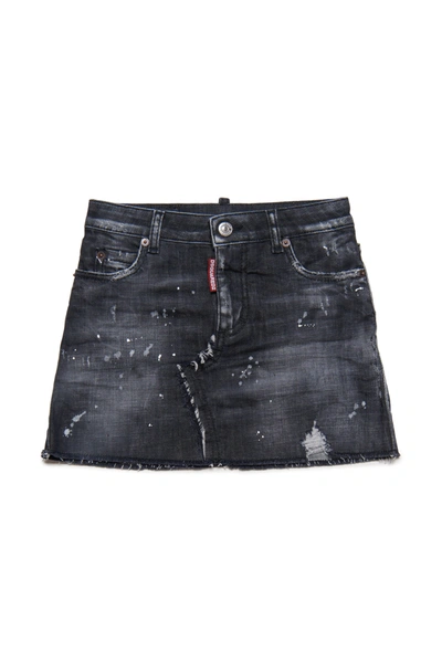 Shop Dsquared2 Shaded Black Denim Skirt With Spots And Raw Cut Hemline