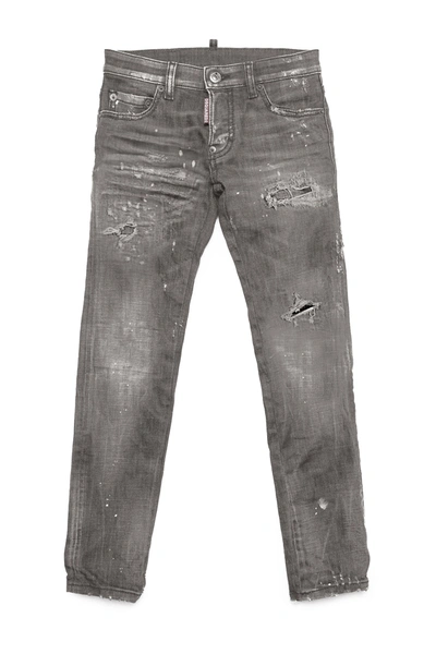 Shop Dsquared2 Slim Straight Gray Jeans Shaded With Abrasions And Stains In Black