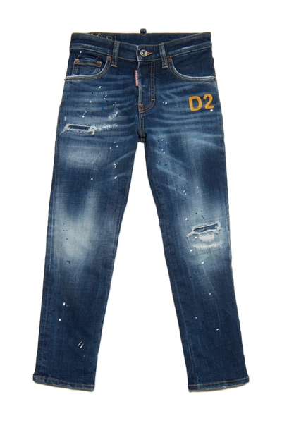 Shop Dsquared2 Stanislav Jeans Straight Medium Blue Shaded With Breaks And Patches