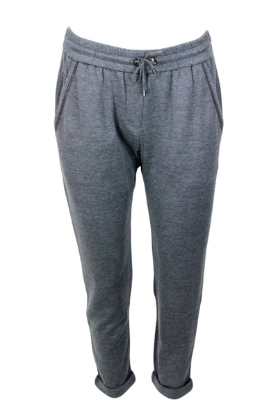 Shop Brunello Cucinelli Jogging Trousers In Cotton And Silk With Monili On The Pockets In Grey