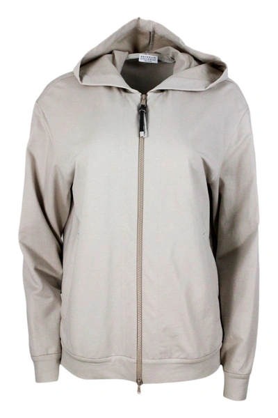 Shop Brunello Cucinelli Stretch Cotton Sweatshirt With Hood And Jewel On The Zip Puller In Beige