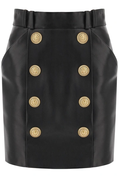 Shop Balmain Lamb Leather Mini Skirt With Ornamental Buttons In Noir (black)