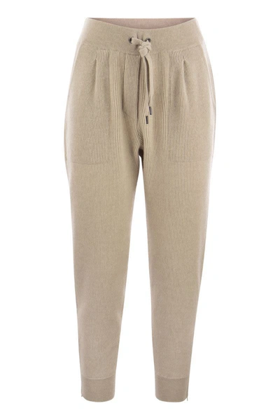 Shop Brunello Cucinelli Knit Trousers In Cashmere English Rib With Zip On Bottom In Beige