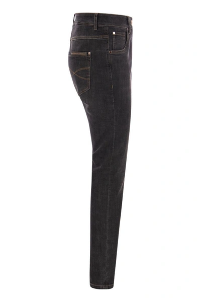 Shop Brunello Cucinelli Slim Pants In Stretch Denim With Shiny Leather Tab In Grey