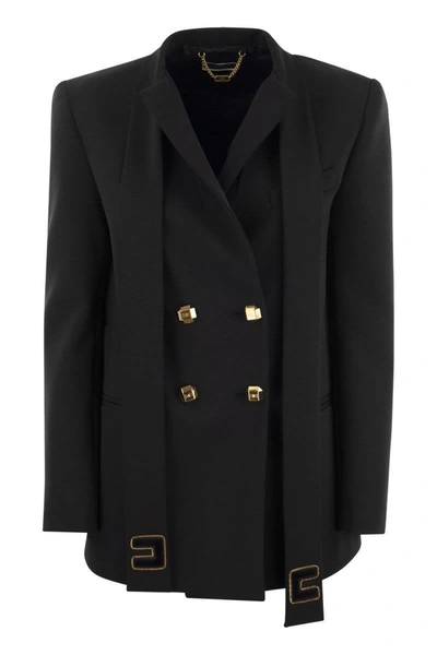 Shop Elisabetta Franchi Double-breasted Crêpe Jacket With Scarf In Black