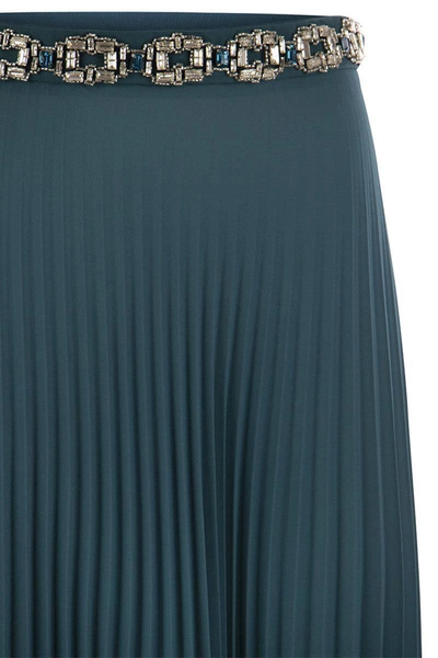 Shop Elisabetta Franchi Long Pleated Georgette Skirt With Embroidery In Green