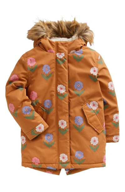 Shop Mini Boden Kids' Authentic Floral High Pile Fleece Lined Parka With Faux Fur Trim In Butterscotch Floral