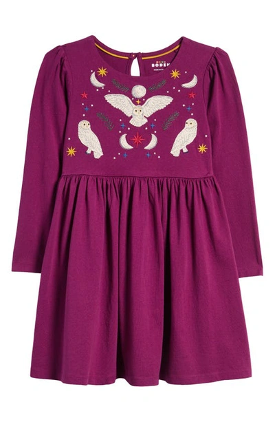 Shop Mini Boden Kids' Owl Appliqué Long Sleeve Jersey Dress In Chrysanthemum Purple