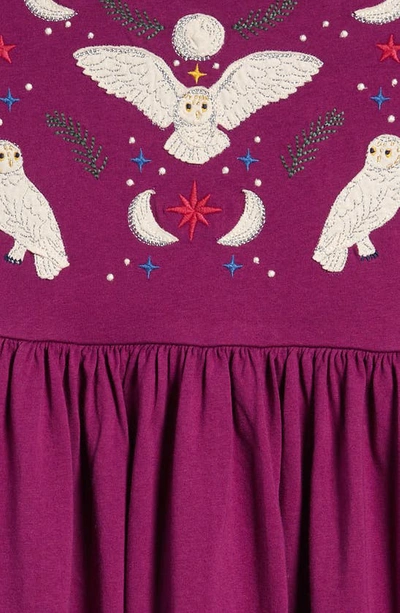 Shop Mini Boden Kids' Owl Appliqué Long Sleeve Jersey Dress In Chrysanthemum Purple