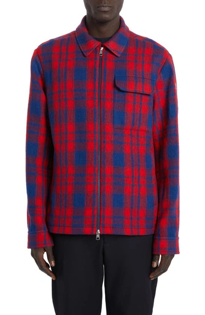 Shop Moncler Plaid Virgin Wool Flannel Zip Overshirt In Check Blue/ Red