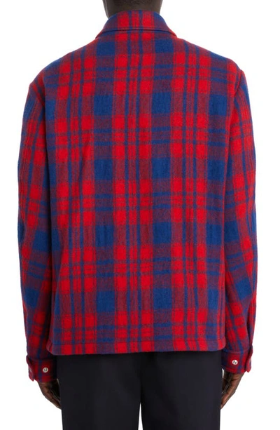 Shop Moncler Plaid Virgin Wool Flannel Zip Overshirt In Check Blue/ Red