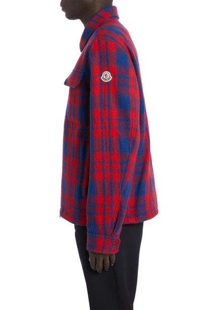 Shop Moncler Plaid Virgin Wool Flannel Zip Overshirt In Check Blue/ Red