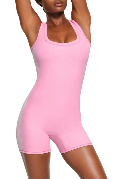 Skims Pink Cotton Rib Onesie Jumpsuit In Bubblegum