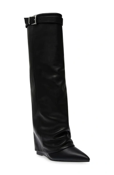 Shop Steve Madden Corenne Foldover Shaft Pointed Toe Knee High Boot In Black Leather