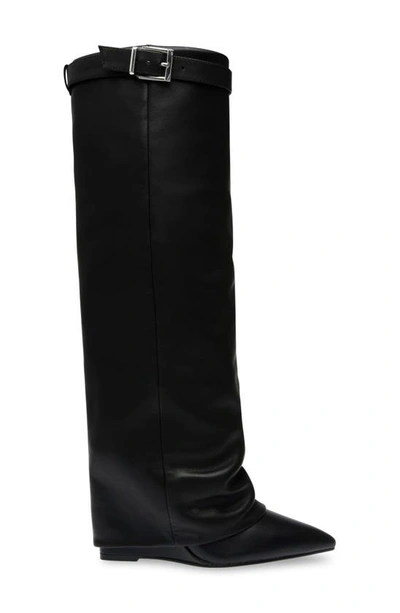 Shop Steve Madden Corenne Foldover Shaft Pointed Toe Knee High Boot In Black Leather