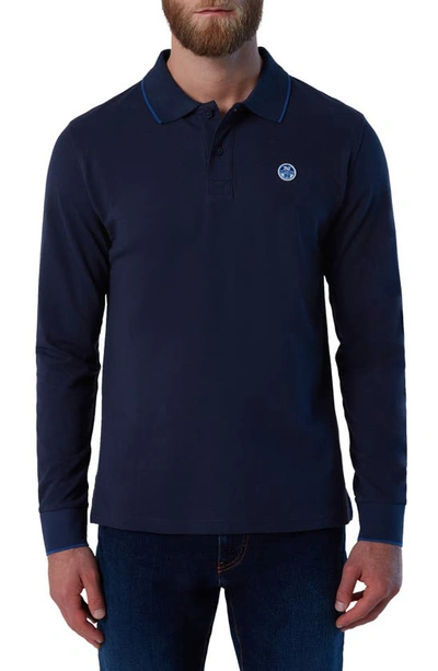 Shop North Sails Logo Embroidered Long Sleeve Cotton Piquê Polo In Navy Blue