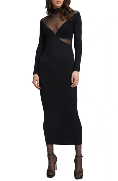 Shop Bardot Mesh Inset Long Sleeve Ribbed Body-con Dress In Black