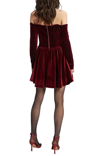 Shop Bardot Off The Shoulder Long Sleeve Corset Detail Velour Minidress In Burgundy