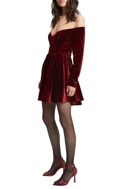 Shop Bardot Off The Shoulder Long Sleeve Corset Detail Velour Minidress In Burgundy