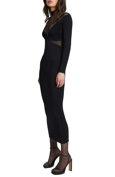 Shop Bardot Mesh Inset Long Sleeve Ribbed Body-con Dress In Black