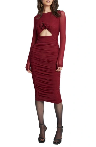 Shop Bardot Yasmeen Cutout Long Sleeve Mesh Midi Dress In Burgundy