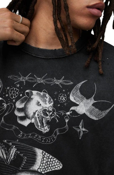 Shop Allsaints Parlour Distressed Cotton Graphic T-shirt In Washed Black