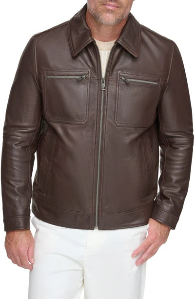 Shop Andrew Marc Clayton Leather Jacket In Chocolate