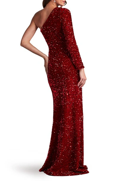 Shop Sho By Tadashi Shoji Sequin One-shoulder Single Long Sleeve Gown In Rouge