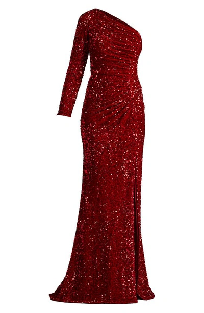 Shop Sho By Tadashi Shoji Sequin One-shoulder Single Long Sleeve Gown In Rouge