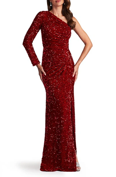 Shop Sho By Tadashi Shoji Sequin One-shoulder Single Long Sleeve Gown In Rouge