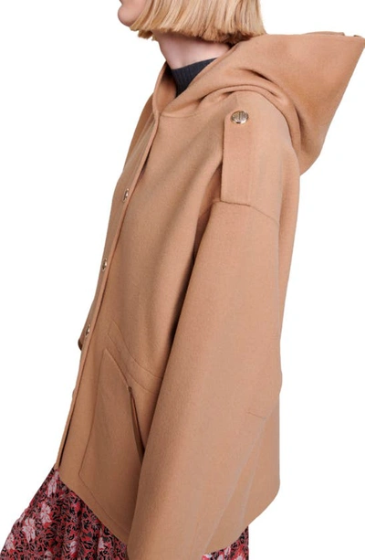Shop Maje Gangbo Faux Leather Trim Hooded Wool Blend Coat In Brown