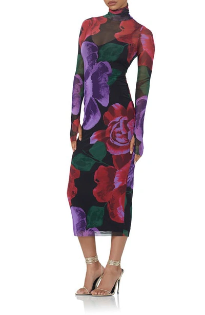 Shop Afrm Shailene Turtleneck Long Sleeve Mesh Dress In Oversized Bloom