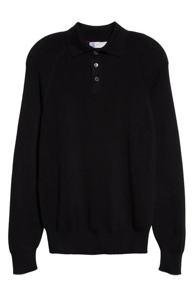 Shop Brunello Cucinelli English Rib Long Sleeve Cotton Polo Sweater In Ch101-black