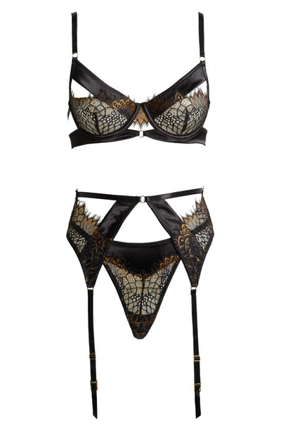 Shop Oh La La Cheri Ingrid Underwire Bra, G-string & Garter Belt Set In Black/ Pale Gold