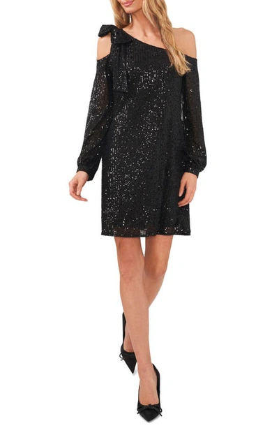 Shop Cece Sequin Long Sleeve One-shoulder Dress In Rich Black