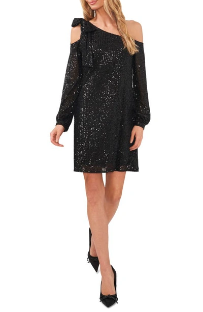 Cece Sequin Long Sleeve One-shoulder Dress In Rich Black