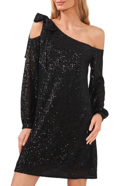 Cece Sequin Long Sleeve One-shoulder Dress In Rich Black