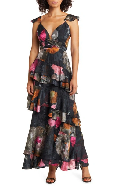 Shop Hutch Miah Floral Tiered Ruffle Gown In Black Watercolor Floral