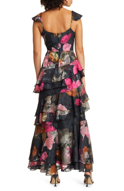Shop Hutch Miah Floral Tiered Ruffle Gown In Black Watercolor Floral