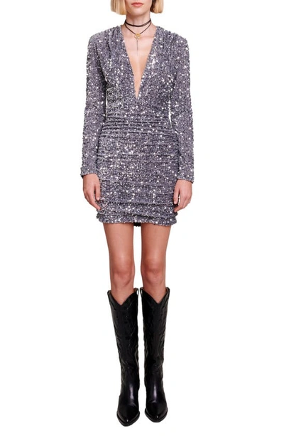 Shop Maje Sequin Plunge Long Sleeve Minidress In Silver