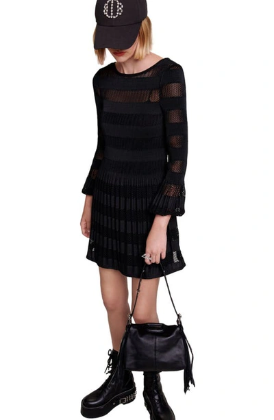 Shop Maje Openwork Knit Inset Long Sleeve Minidress In Black