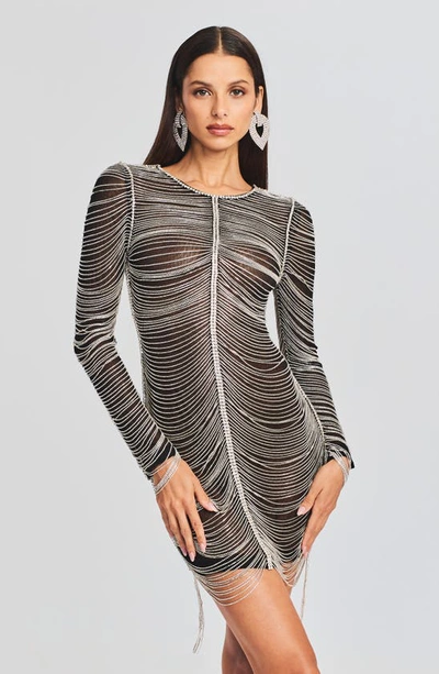 Shop Retroféte Jacqueline Embellished Long Sleeve Minidress In Black/ Silver