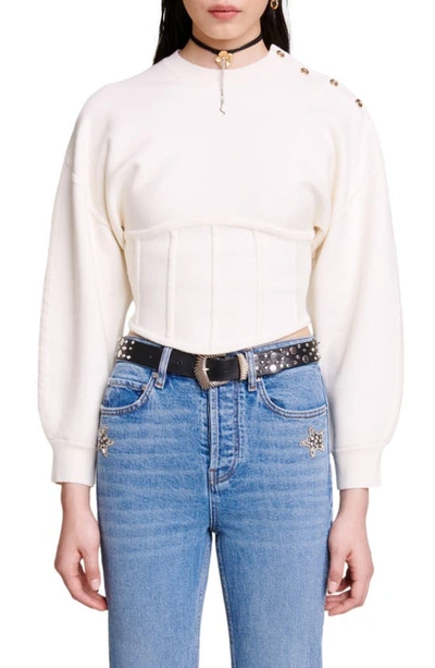 Shop Maje Crop Lantern Sleeve Corset Detail Sweater In Ecru