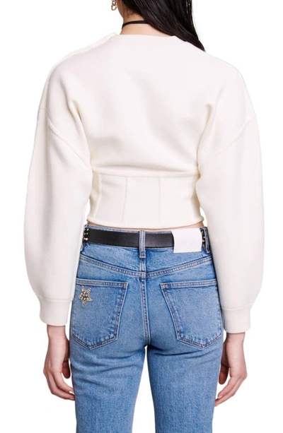 Maje Crop Lantern Sleeve Corset Detail Sweater In Ecru