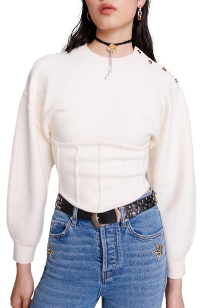Shop Maje Crop Lantern Sleeve Corset Detail Sweater In Ecru
