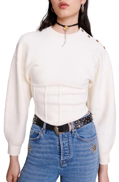 Maje Crop Lantern Sleeve Corset Detail Sweater In Ecru